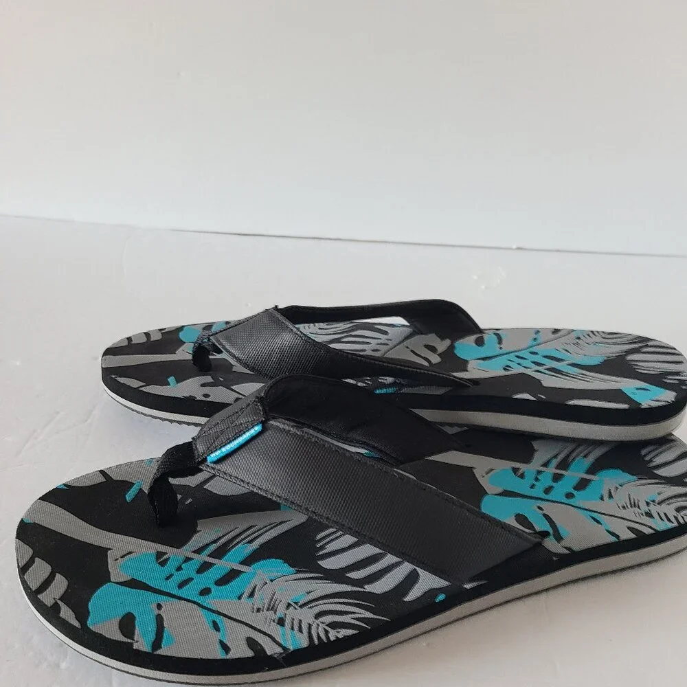 NO BOUNDRIES MEN'S BUILT-UP PRINTED FLIP FLOPS- SIZE 12- TROPICAL PRINT
